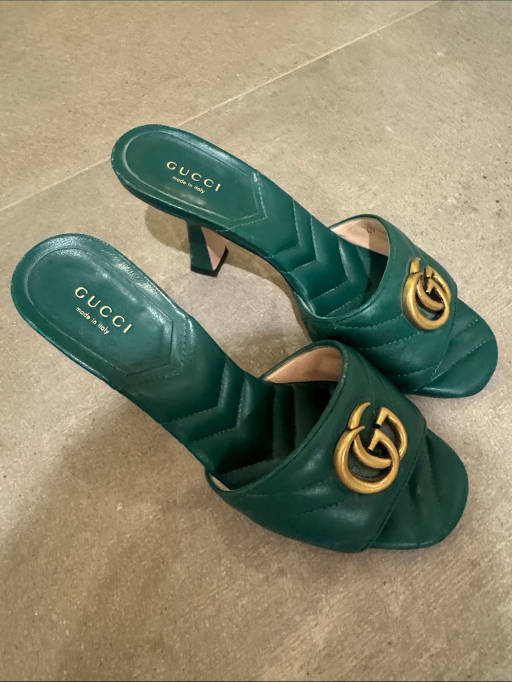 Gucci Teal Quilted Leather Slide Mules with Gold Double G